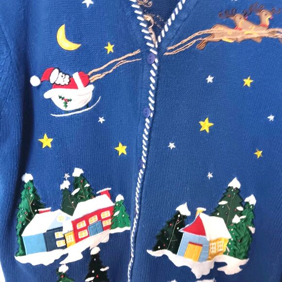 Vintage 90s Quacker Factory Christmas Village Cardigan Sweater Blue Size L - Picture 5 of 13